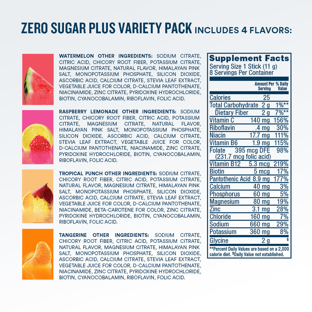 DripDrop Zero Sugar Plus, Watermelon, Tangerine, Tropical Punch, Raspberry Lemonade, 16 oz sticks, 8 count