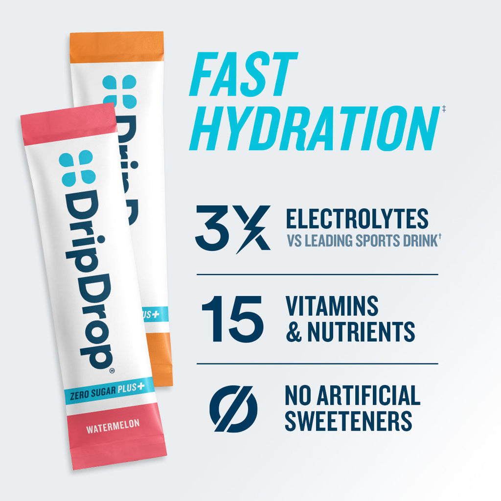 DripDrop Zero Sugar Plus, Watermelon, Tangerine, Tropical Punch, Raspberry Lemonade, 16 oz sticks, 16 count