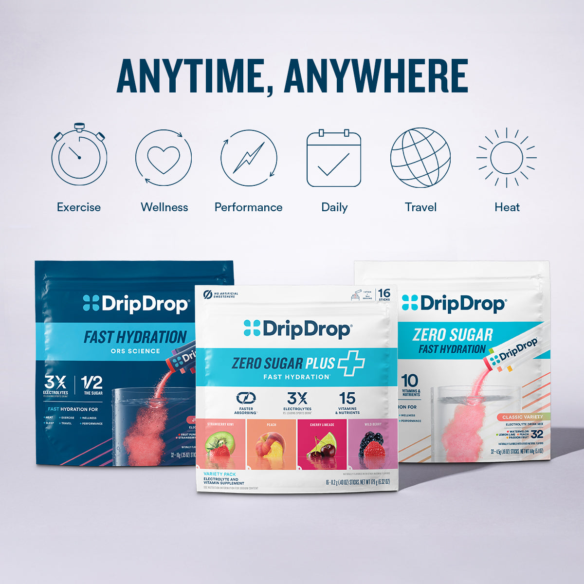 DripDrop Zero Sugar Plus, Watermelon, Tangerine, Tropical Punch, Raspberry Lemonade, 16 oz sticks, 8 count
