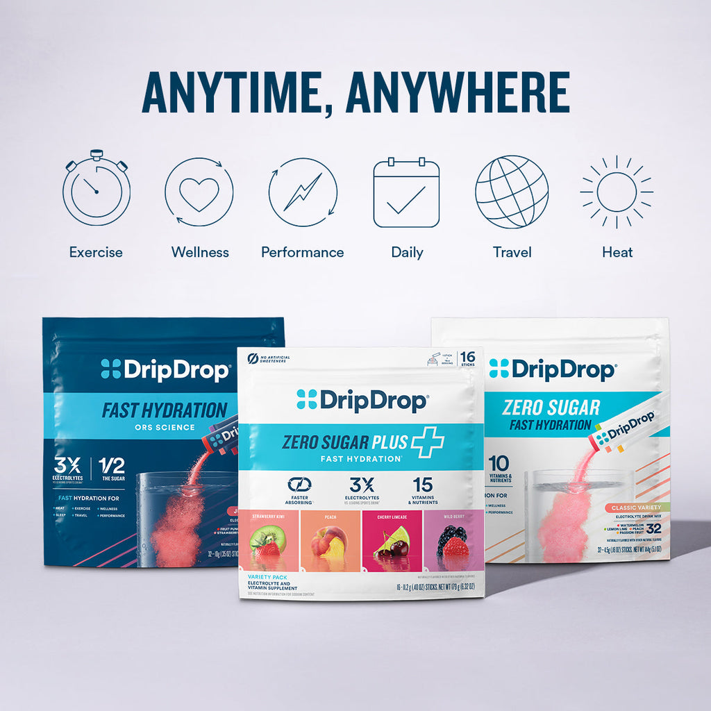 DripDrop Zero Sugar Plus, Watermelon, Tangerine, Tropical Punch, Raspberry Lemonade, 16 oz sticks, 16 count